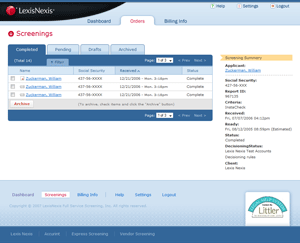Lexis Nexis Web App Secondary Screen